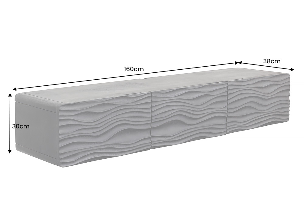 Design TV-Board WAVE 160cm schwarz Mangoholz mit 3D Schnitzereien hängend