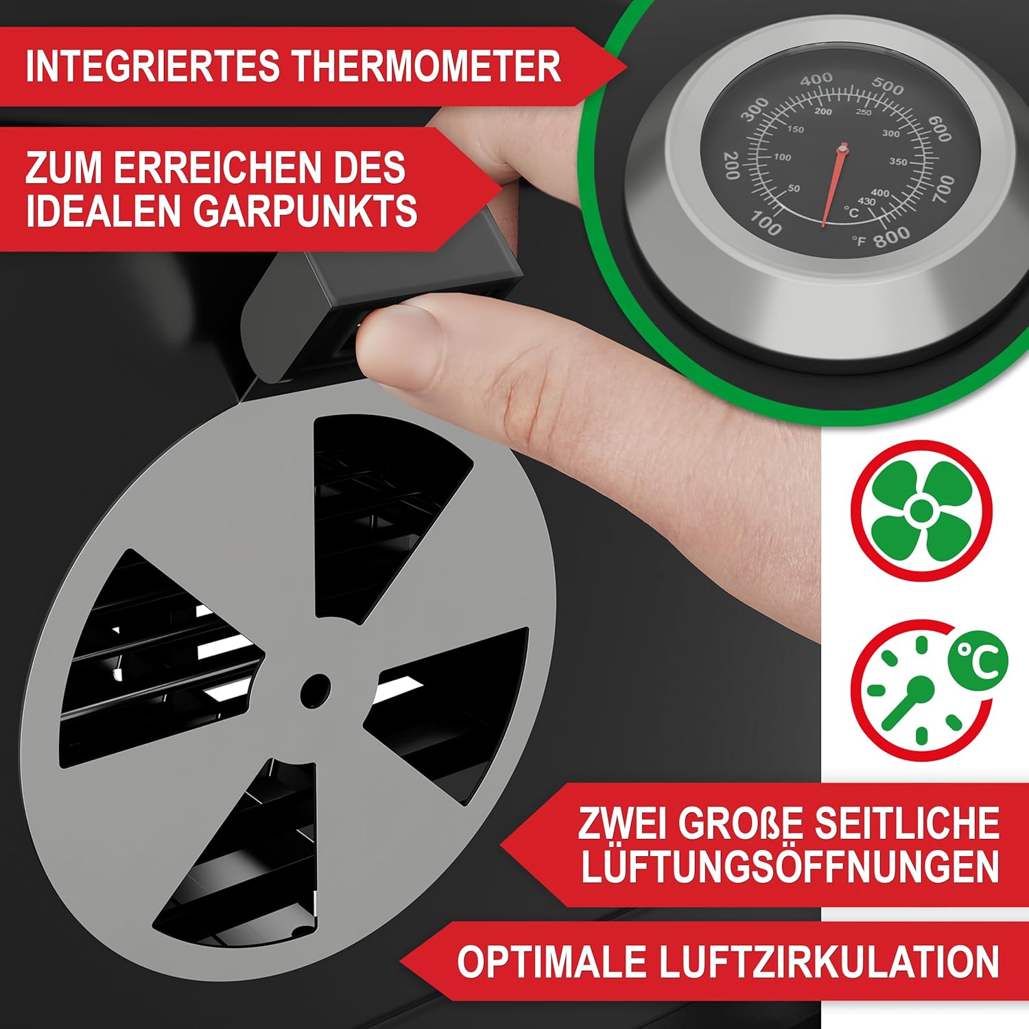 Holzkohlegrill mit Grillrost aus Gusseisen – PLUS Abdeckung - XXL BBQ Grill mit Deckel – mobiler Grillwagen mit klappbaren Ablagen – Grillrostverstellung –Thermometer – Flaschenöffner
