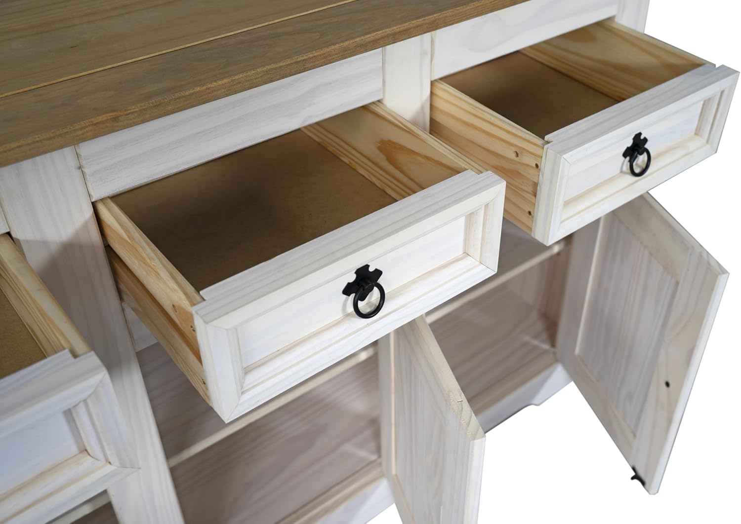 SAM Sideboard Cancun, Pinienholz massiv, weiß lasiert, Kommode mit 3 Türen & 3 Schubladen, Schwarze Metallgriffe, honigfarbene Deckplatte