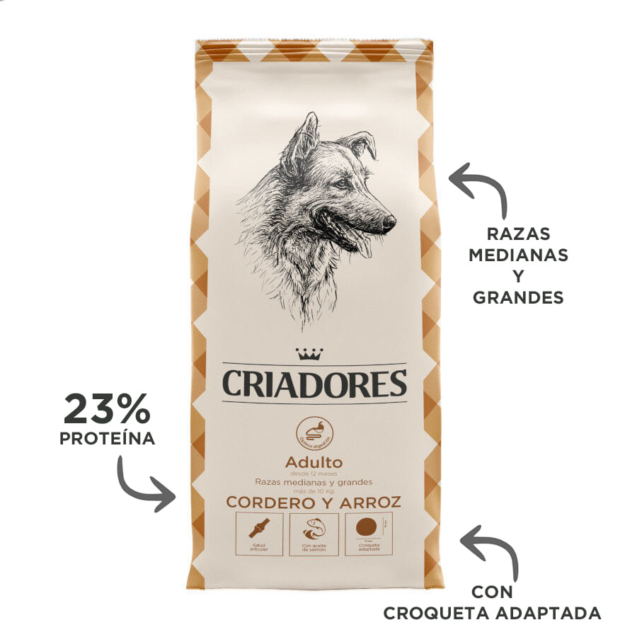 Ração para cães adultos da marca Breeders, feita com cordeiro e arroz, para raças médias e grandes.