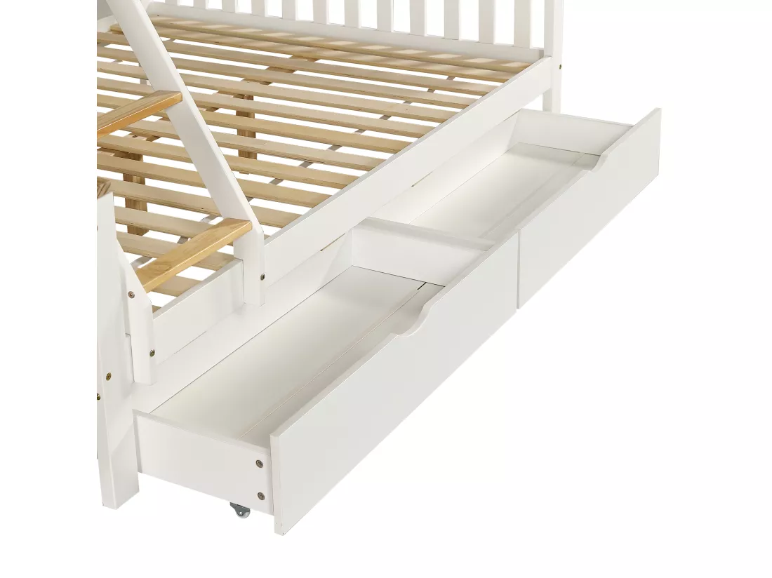 Lit superposé 90x200cm & 140x200cm - avec échelle et 2 tiroirs - en bois de pin et MDF - Blanc & Naturel