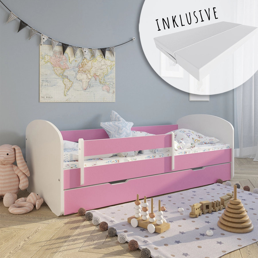 Kids Collective Kinderbett 80x160 | 80x180 mit Matratze, Rausfallschutz, Lattenrost pink mit Schublade