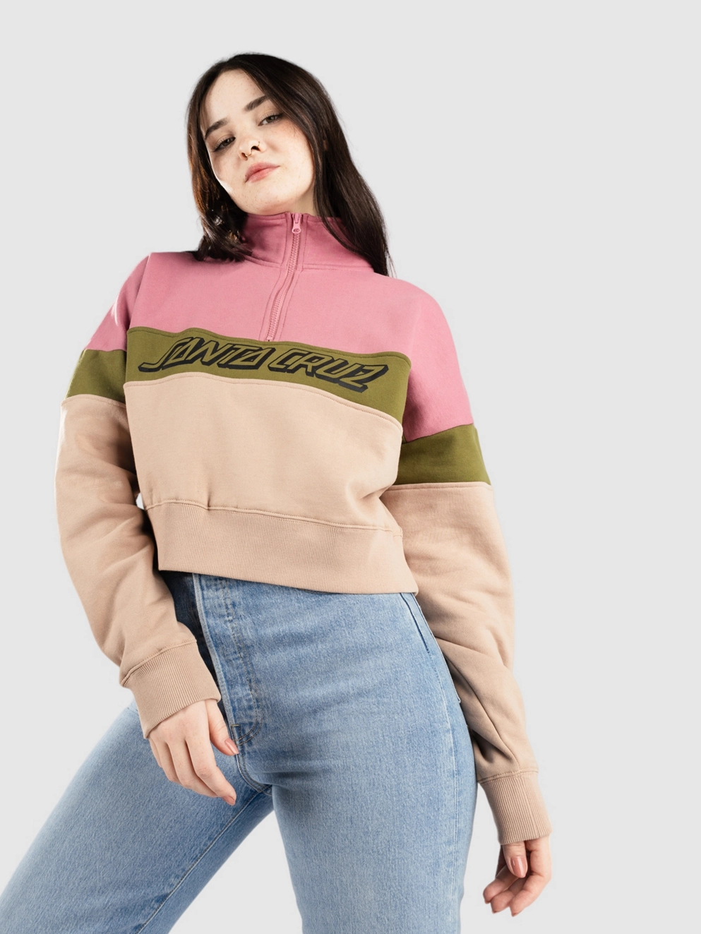 Santa Cruz BT Classic Strip Quarter Crew Half-Zip dusty rose/sea kelp/taupe