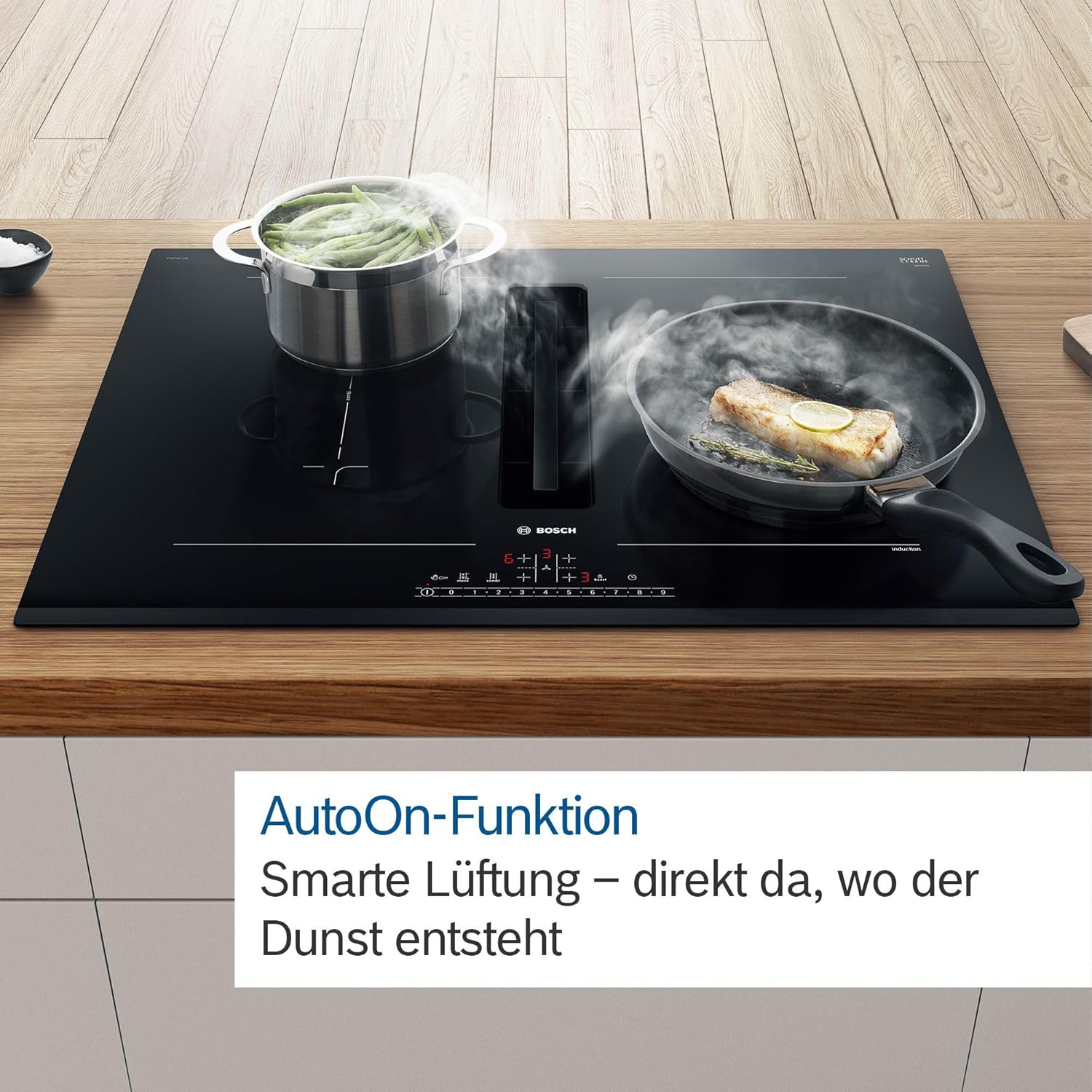 Bosch PKM845F11E Serie 6 Glaskeramik-Kochfeld mit Dunstabzug (autark), 80 cm breit, CombiZone Kombination zweier Kochzonen, PowerBoost schnelleres Kochen, DirectSelect intuitive Bedienung