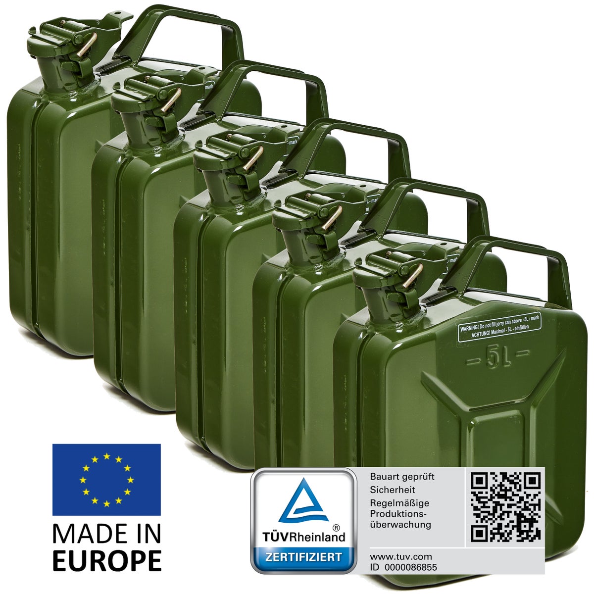 BW Metalen Brandstofbussen, Benzinebussen, 5 x 5 Liter - Olijfgroen - RAL 6003 - TÜV-getest en UN-goedgekeurd - Gemaakt in Europa
