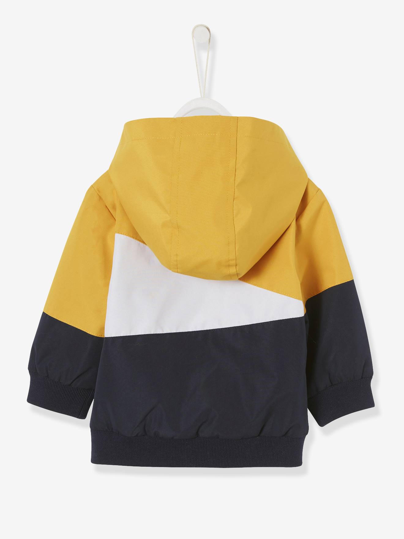Jaqueta corta-vento com capuz tricolor para bebê menino, lisa, tamanho médio, amarela com estampa.