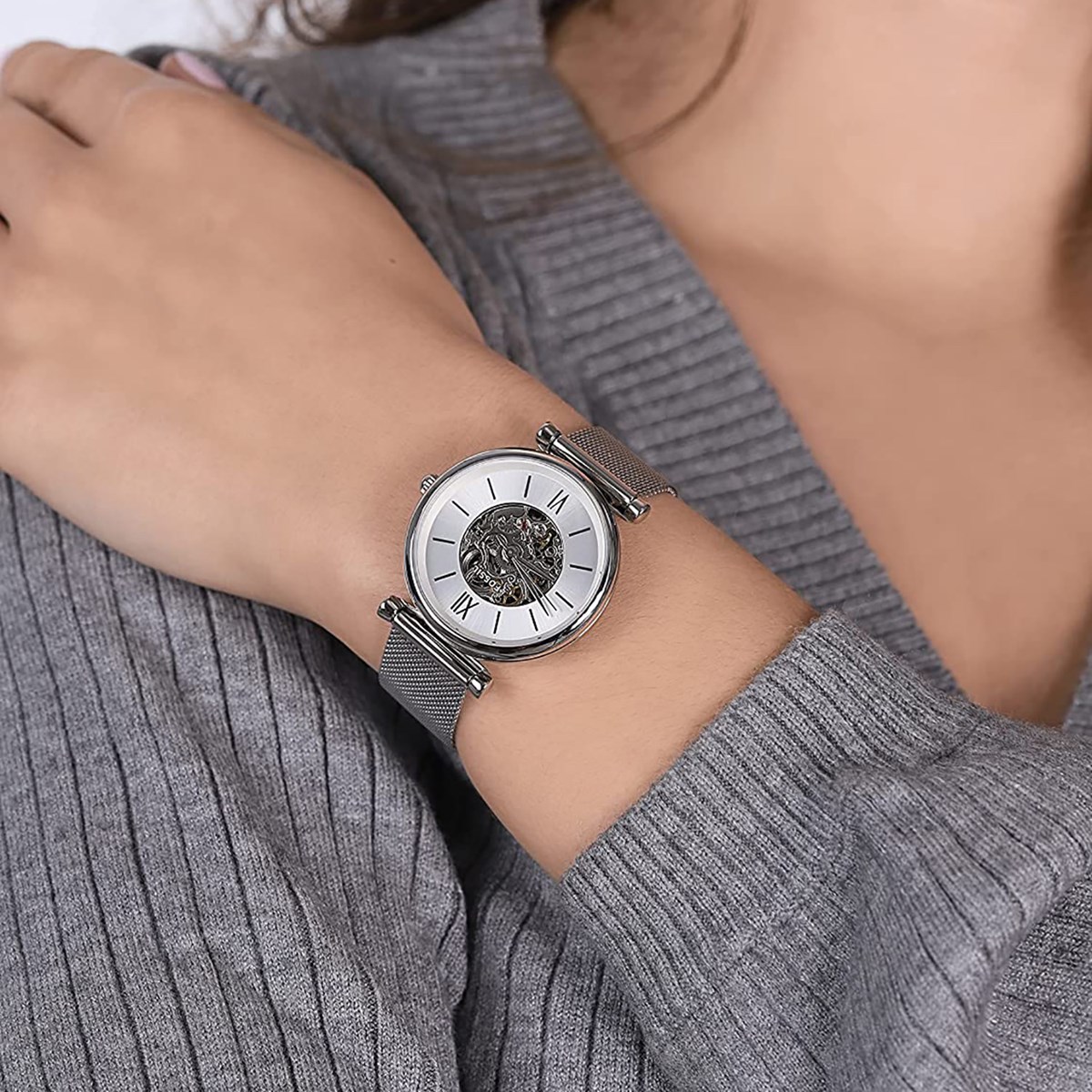 Montre femme Fossil automatique Carlie acier blanc