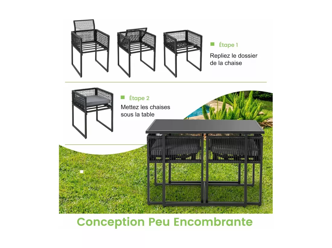 Ensemble de Meubles de Patio 3 Pcs en Rotin et fibre naturelle PE avec Dossier Pliant Charge 150KG, Salon de Jardin avec Coussins Plateau de Table en Verre Trempé, pour Jardin Bord de Piscine