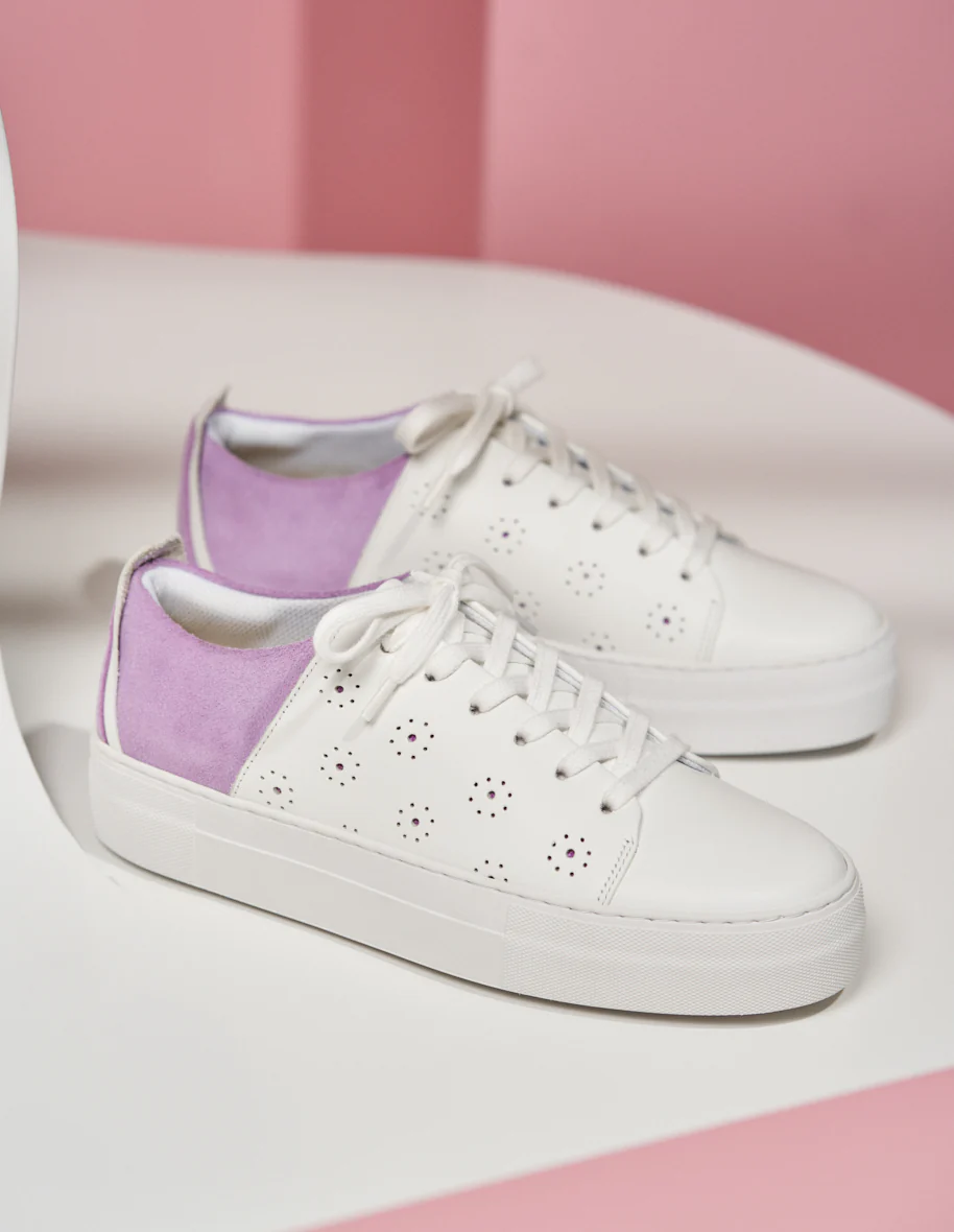 Baskets basses Renée Plateau Découpe - Cuir blanc et suède lilas