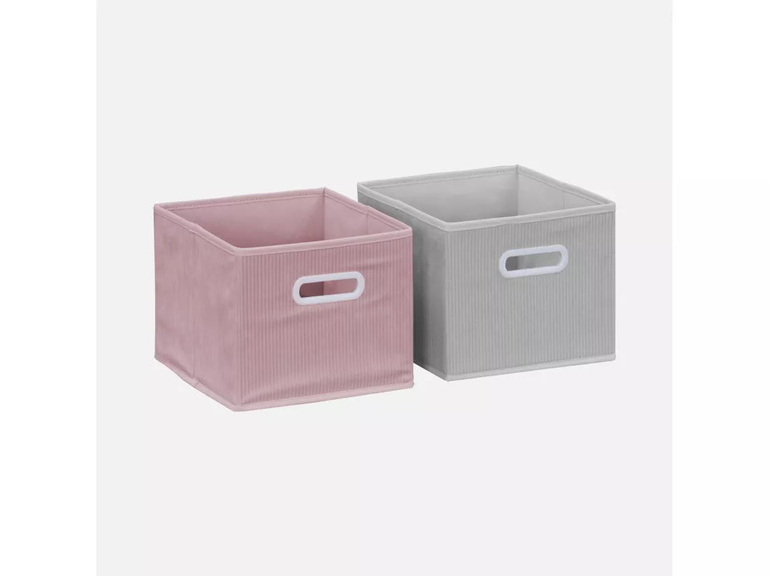 Meuble de rangement pour enfant avec 7 compartiments et 2 paniers roses et 2 paniers gris en velours