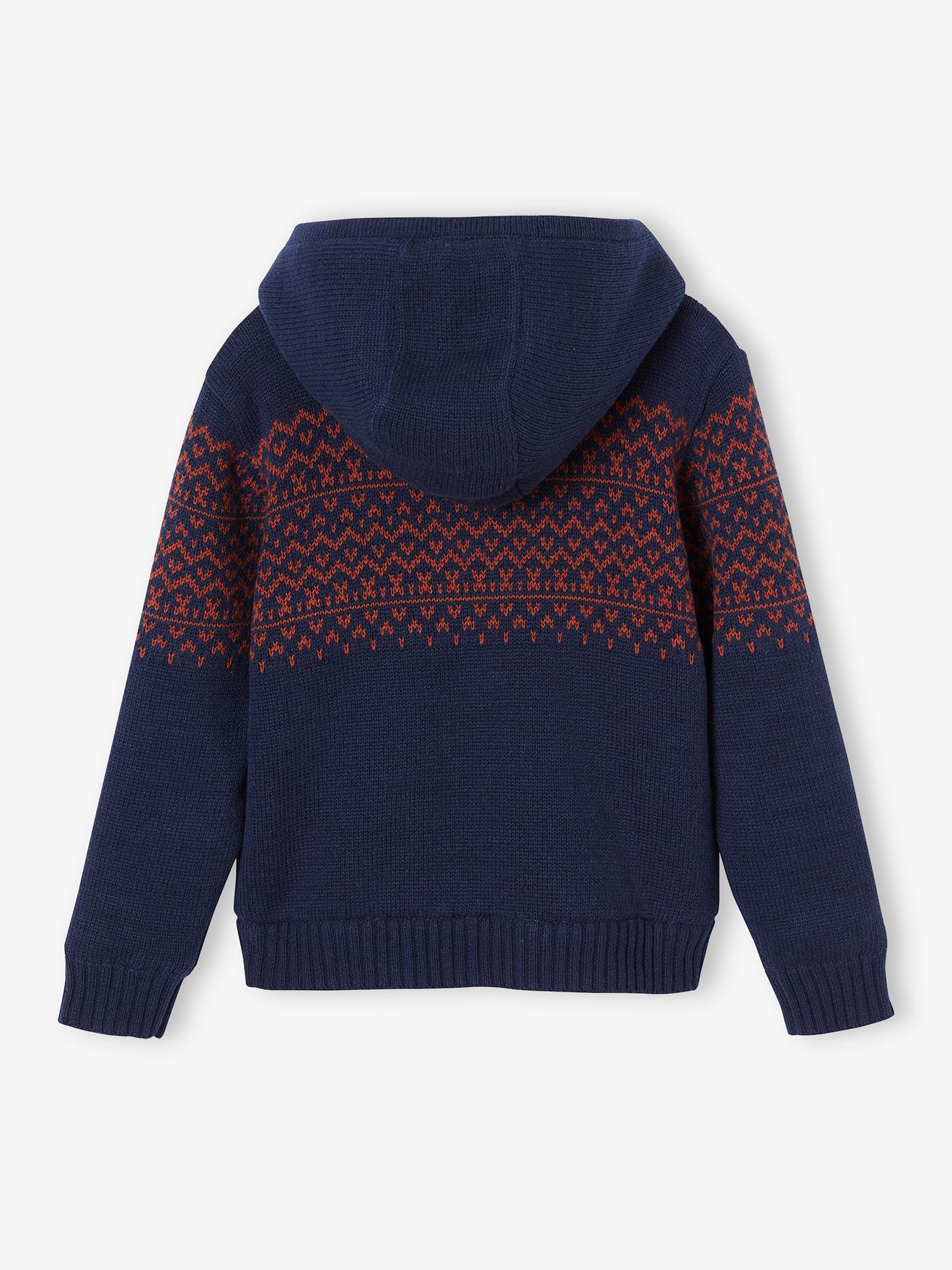 Cardigã infantil azul-marinho com zíper, capuz e forro de sherpa.