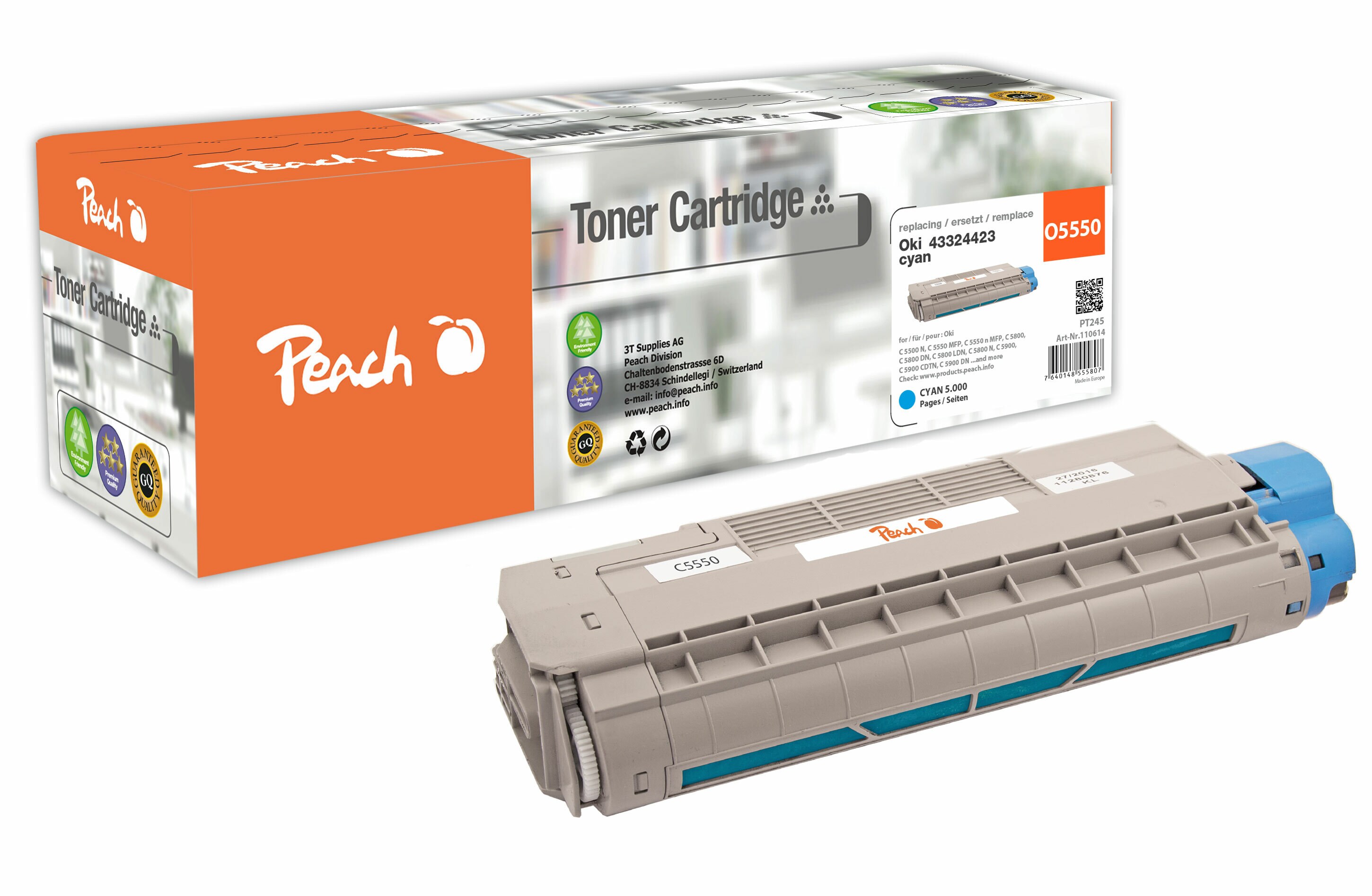 Peach O4332/36/38 Toner cy ersetzt OKI 43324423 für z.B. OKI C 5500 N, OKI C 5550 MFP, OKI C 5550 n MFP, OKI C 5800, OKI C 5800 DN, OKI C 5800 N (wiederaufbereitet)