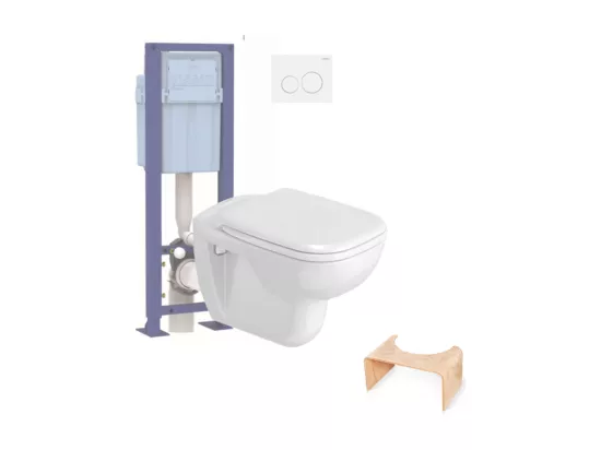 Pack WC suspendu DURAVIT D-code + bati support SIAMP + plaque + tabouret physiologique bois