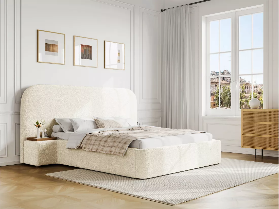 Lit coffre 140 x 200 cm avec chevets - Tissu bouclette - Blanc - ESTERIA de Maison Céphy