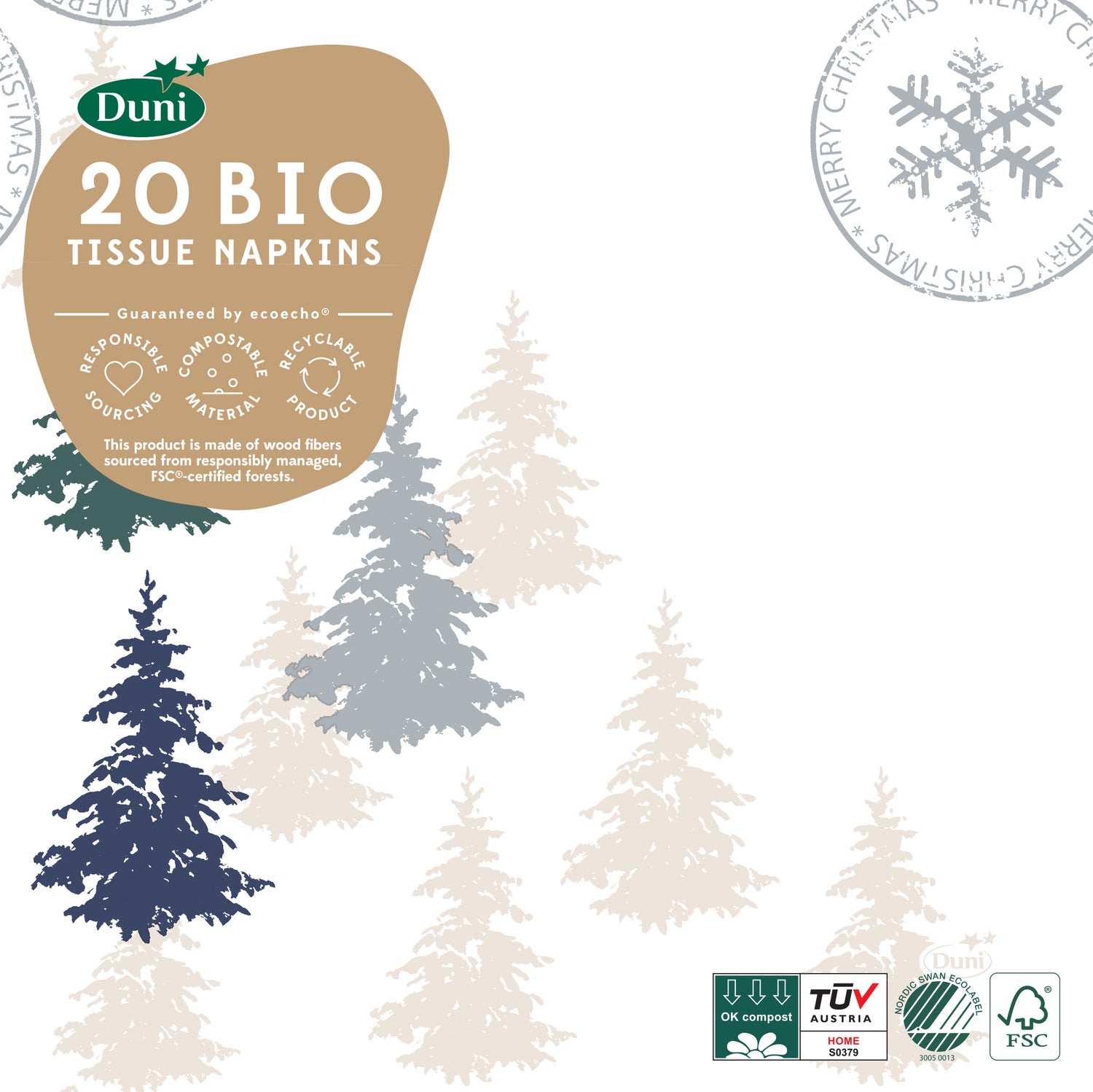 Duni kerstservet Postcard Trees wit 16,5 x 16,5 cm 20 stuks