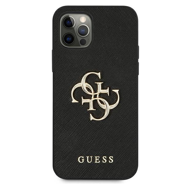 iPhone 12 / iPhone 12 Pro Leder Saffiano Hardcase Hülle Metall Logo (GUHCP12MSA4GGBK) - Schwarz / Gold