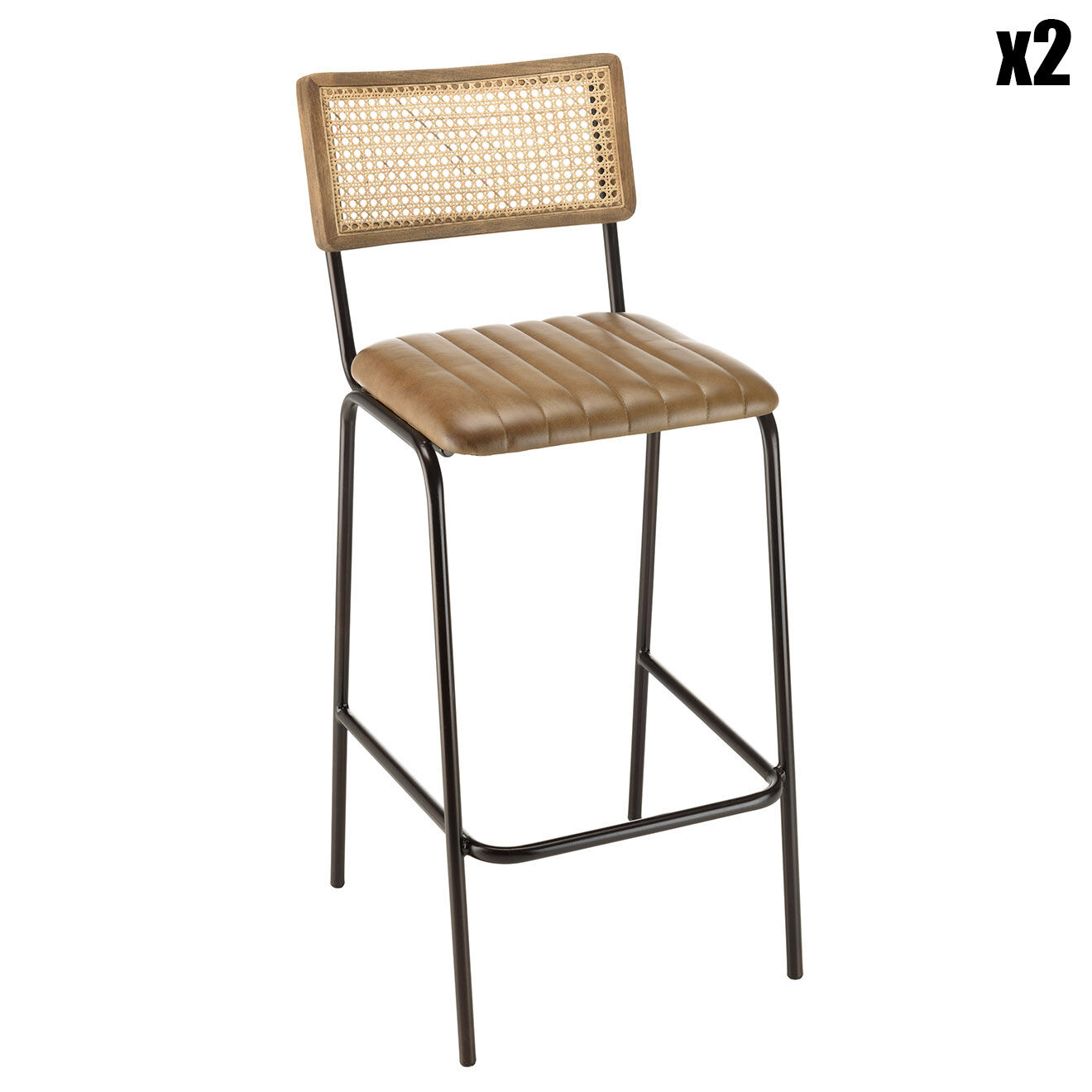 Macabane 2 Tabourets de bar assise matelassée en Cuir rotin/noir - 45x55x104 cm
