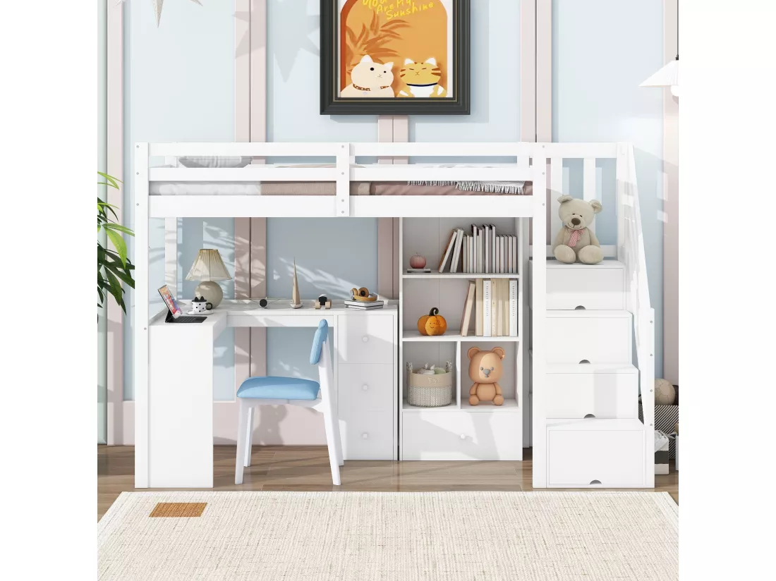 Lit mezzanine 90x200 cm en bois - avec bureau et multiples rangements - Blanc