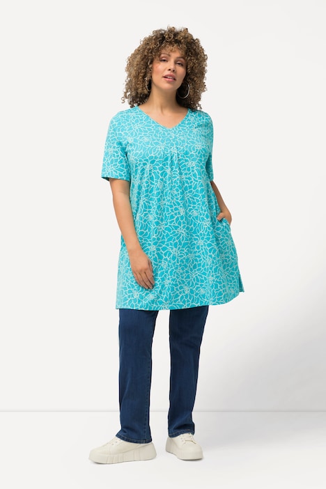 Longshirt, Zierfalten, A-Linie, V-Ausschnitt, Halbarm
