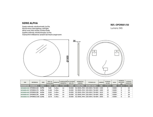 CRISTALED - Miroir de salle de bains lumineux éclairage intégré led rétr...