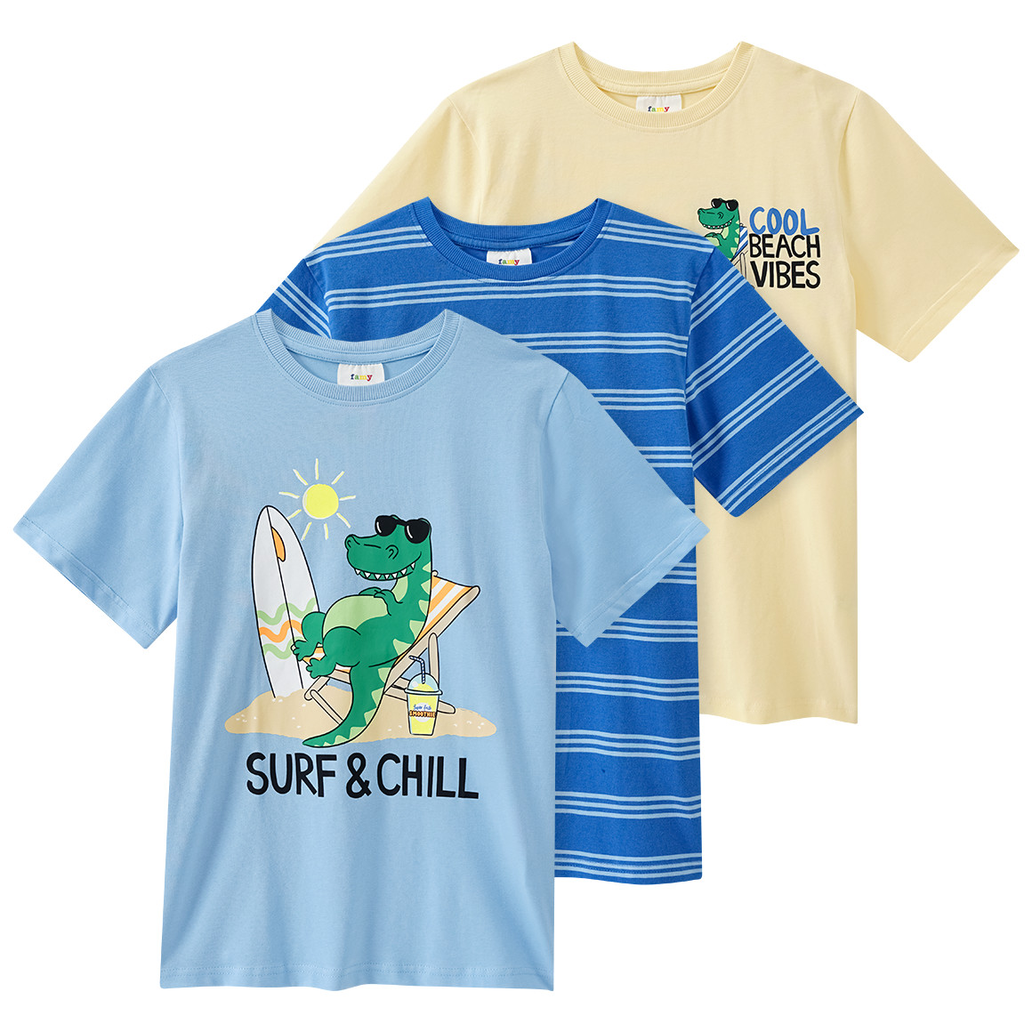 Famy 3 Jungen T-Shirts in verschiedenen Dessins hellblau / hellgelb / blau
