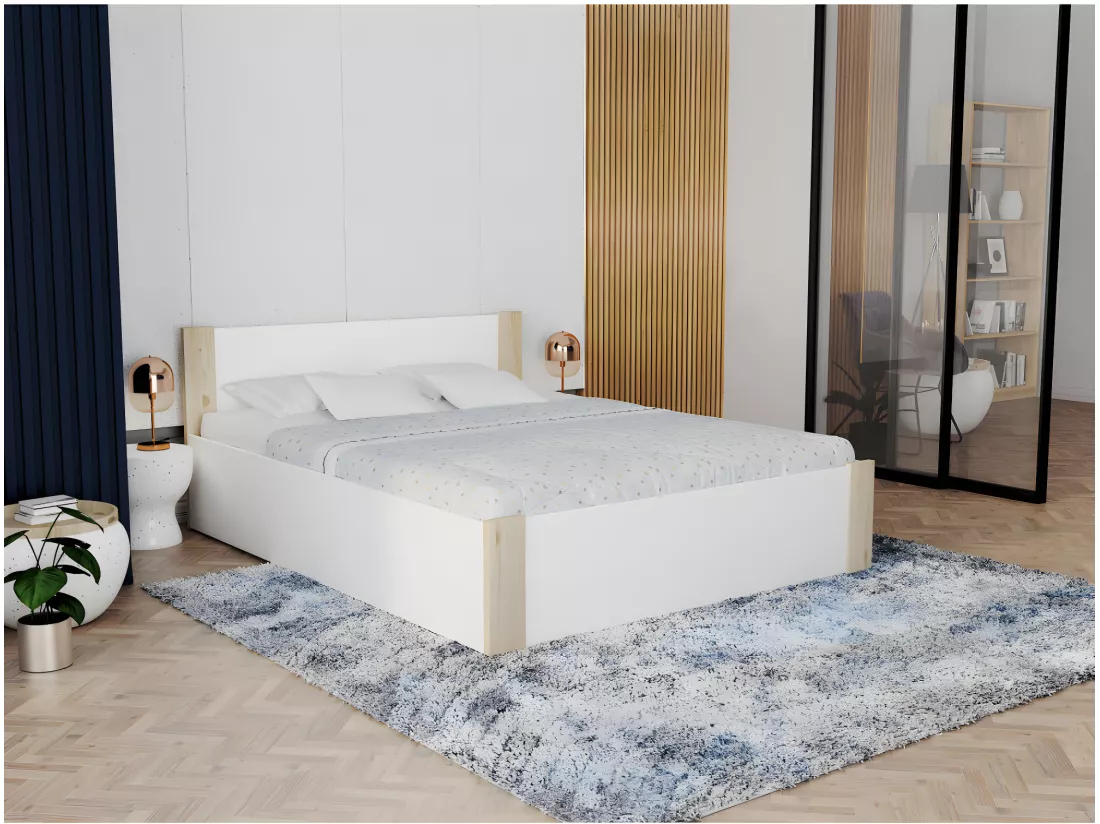 Lit BOSTON 140x190 + coffre - Sommier inclus Pin - blanc
