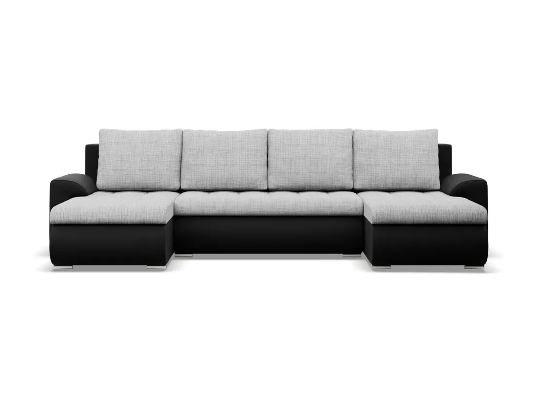 Canapé d'angle en U avec fonction sommeil, 2 méridiennes, Gris + Noir