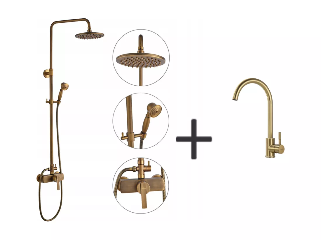 Auralum Max Colonne douche en laiton Bronze Rétro,Douche avec Mitigeur Mécanique,Hauteur Réglable+Robinet Cuisine en Inox,Rotatif à 360°,Doré Brossé