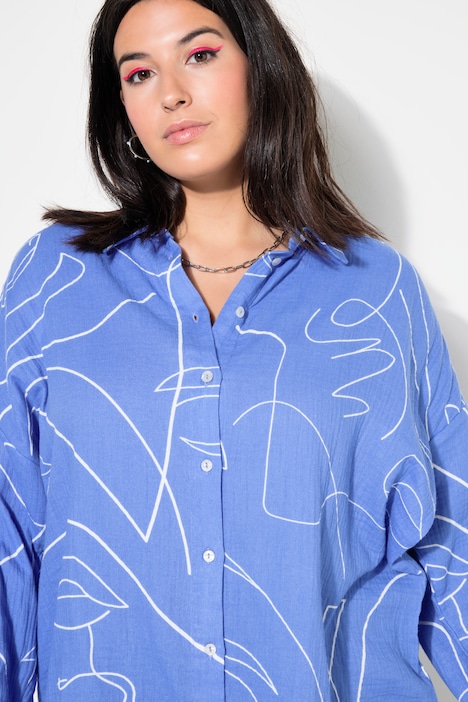 Hemdbluse, oversized, Musselin, Print, Langarm