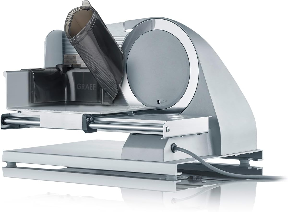 GRAEF. Allesschneider ABSOLUTE titan-silber mit Vollstahlmesser und stufenloser Schnittstärke (0–15 mm), Aluminiumanschlag, flüsterleisem 185-Watt-Motor, Rundführungsschlitten