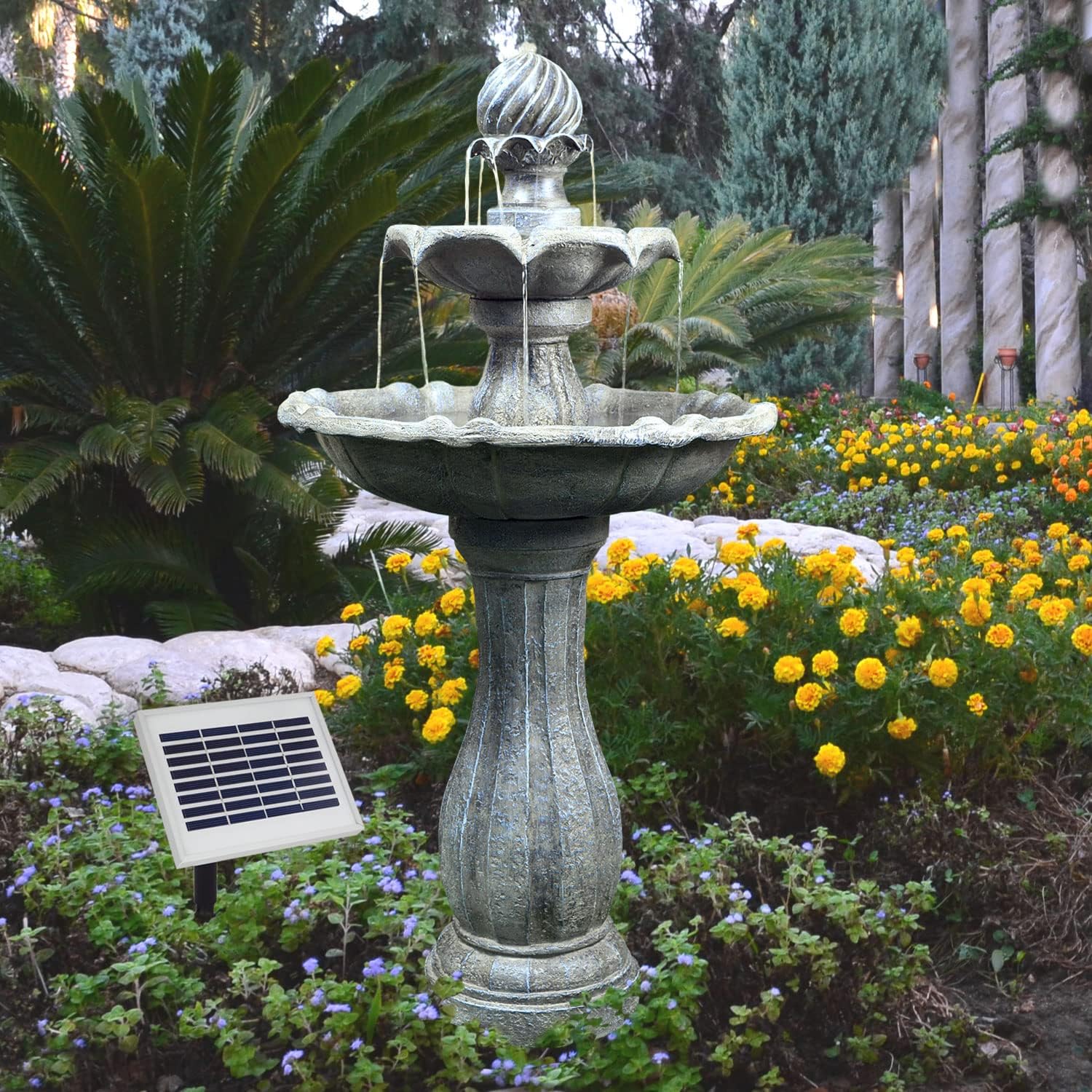 Solar Gartenbrunnen Brunnen Solarbrunnen Klassik-Garten Zierbrunnen Wasserfall Gartenleuchte Teichpumpe für Terrasse, Balkon, verbessertes Modell mit Pumpen-instant-Start-Funktion