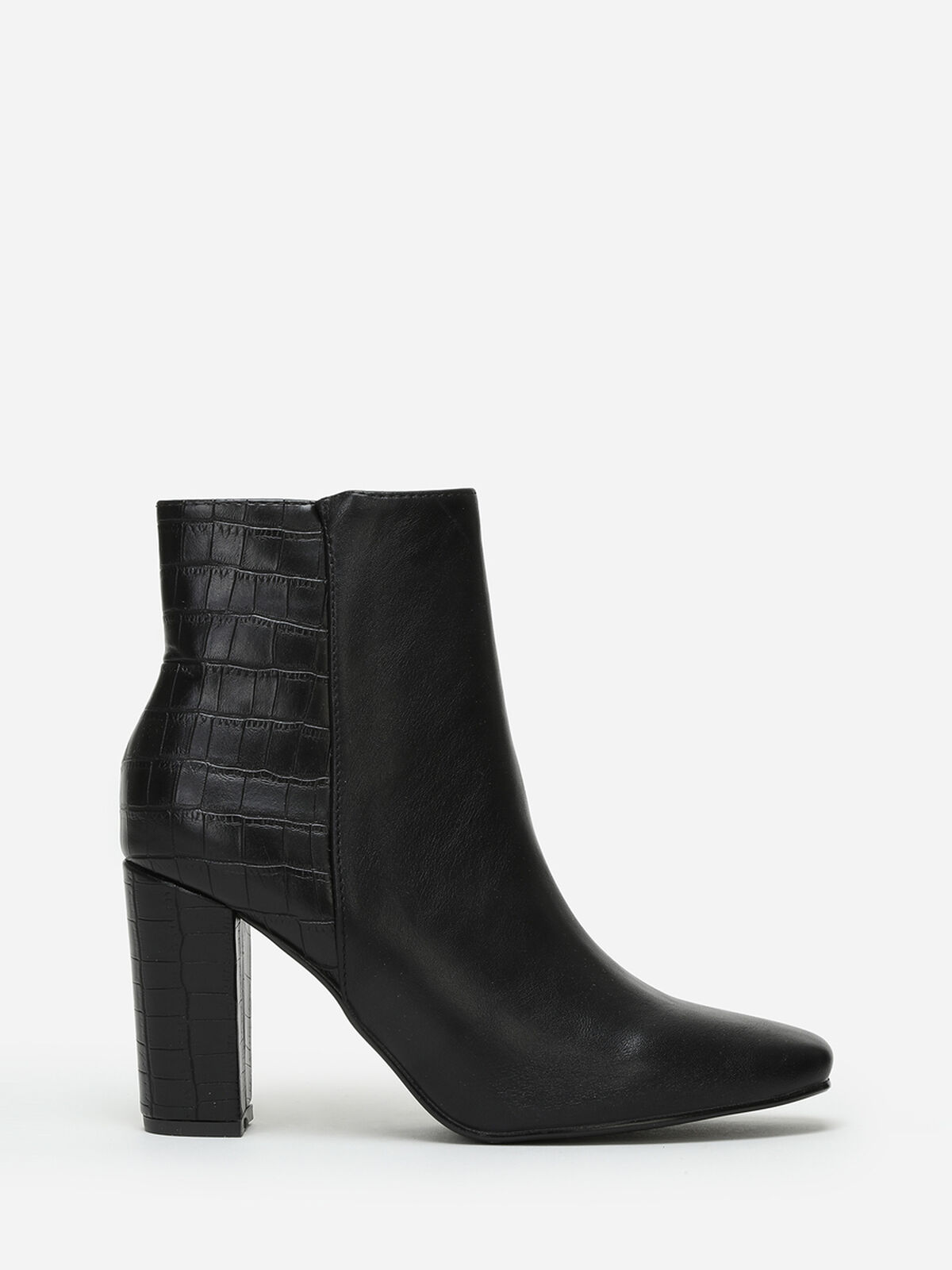 Bottines bi-matières à talon et bout carré- Noir