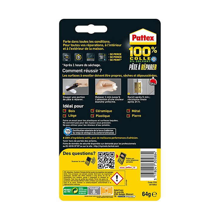 Pâte à réparer Pattex 100% colle tube 64g