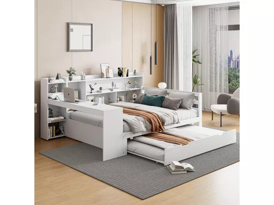 Lit gigogne 140x200 avec bureau étagères compartiments de rangement et étagères avec prises de courant lit double en bois Blanc
