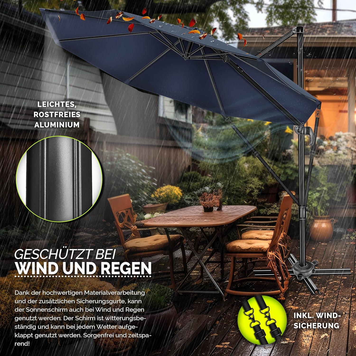 tillvex® Premium Alu Sonnenschirm 330 cm + Abdeckung & Windsicherung | Ampelschirm 6-Fach verstellbar mit Kurbel | Gartenschirm 360° Drehbar Neigbar Kippbar | UV50+ wasserdicht