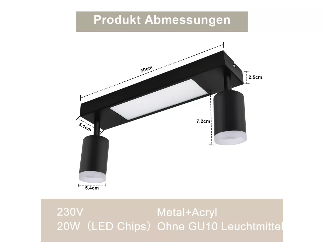 NETTLIFE Spot plafond 2 ampoules GU10 chambre 3000k 20W cuisine noir blanc chaud orientable métal pour