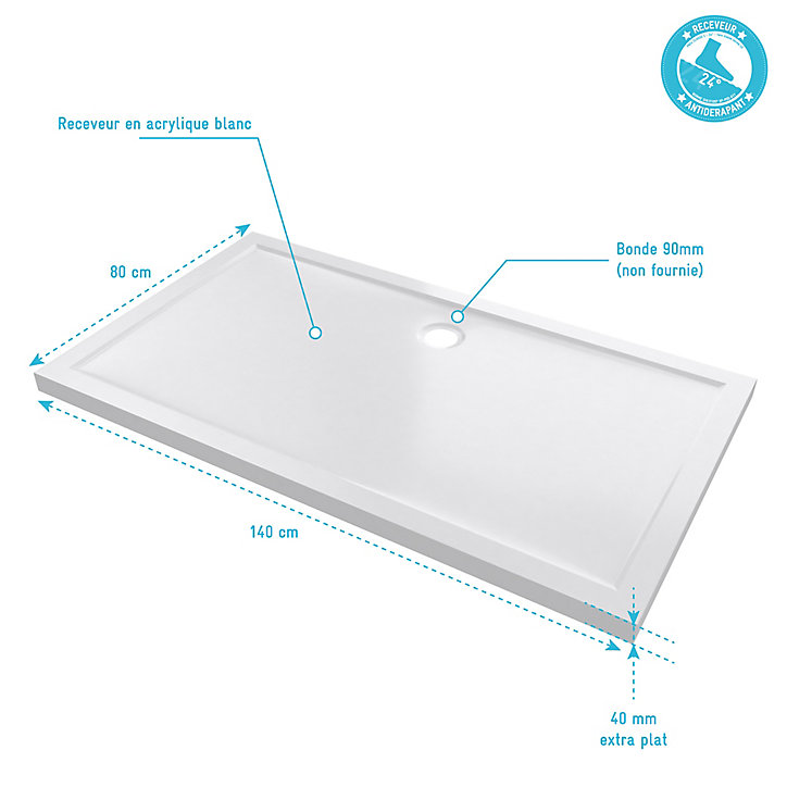 Receveur de douche extra-plat 80 x 140 cm, blanc, Galedo Pure 2