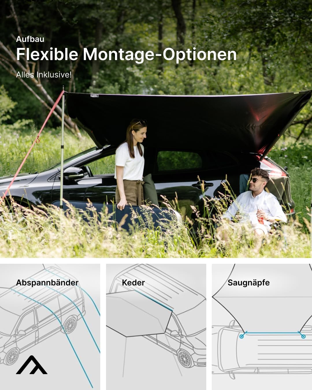 qeedo Motor Tarp Universal - für jedes Fahrzeug (3 Montage-Optionen) - UV-Schutz (UV80) Sonnensegel - inkl. Aufstellstangen, Saugnäpfe, Heringe und Abspannbänder - Für Camper, Campingbus, PKW