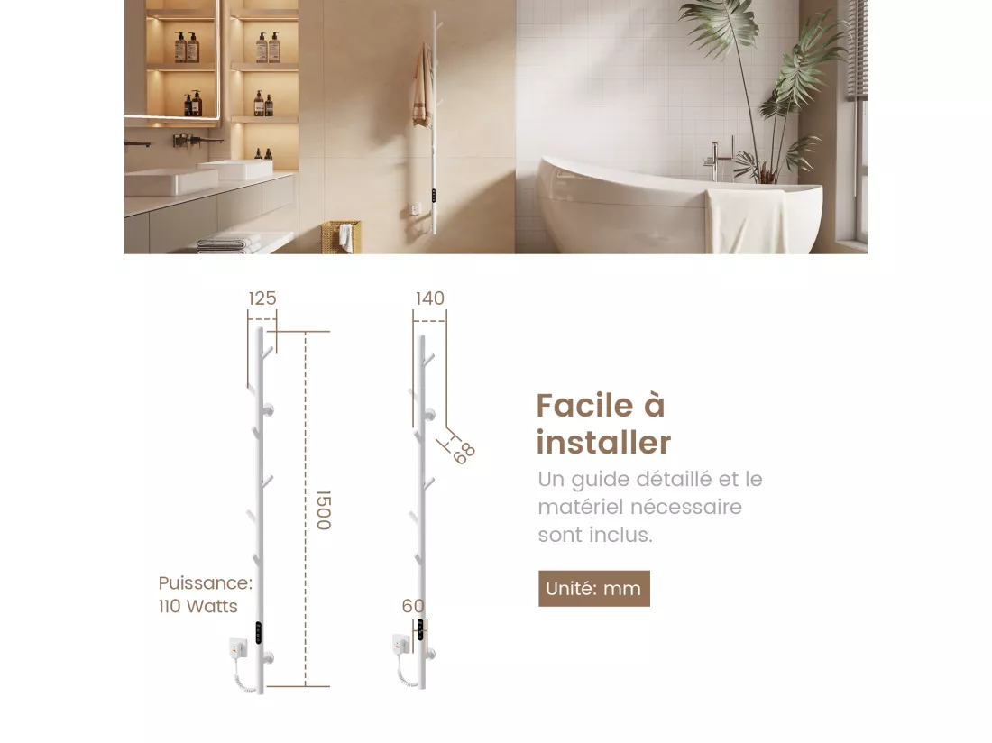 EMKE Chauffe-serviettes Électrique, thermostat intelligent WiFi, sèche-serviettes électrique, barre unique, 150 cm de hauteur, Blanc