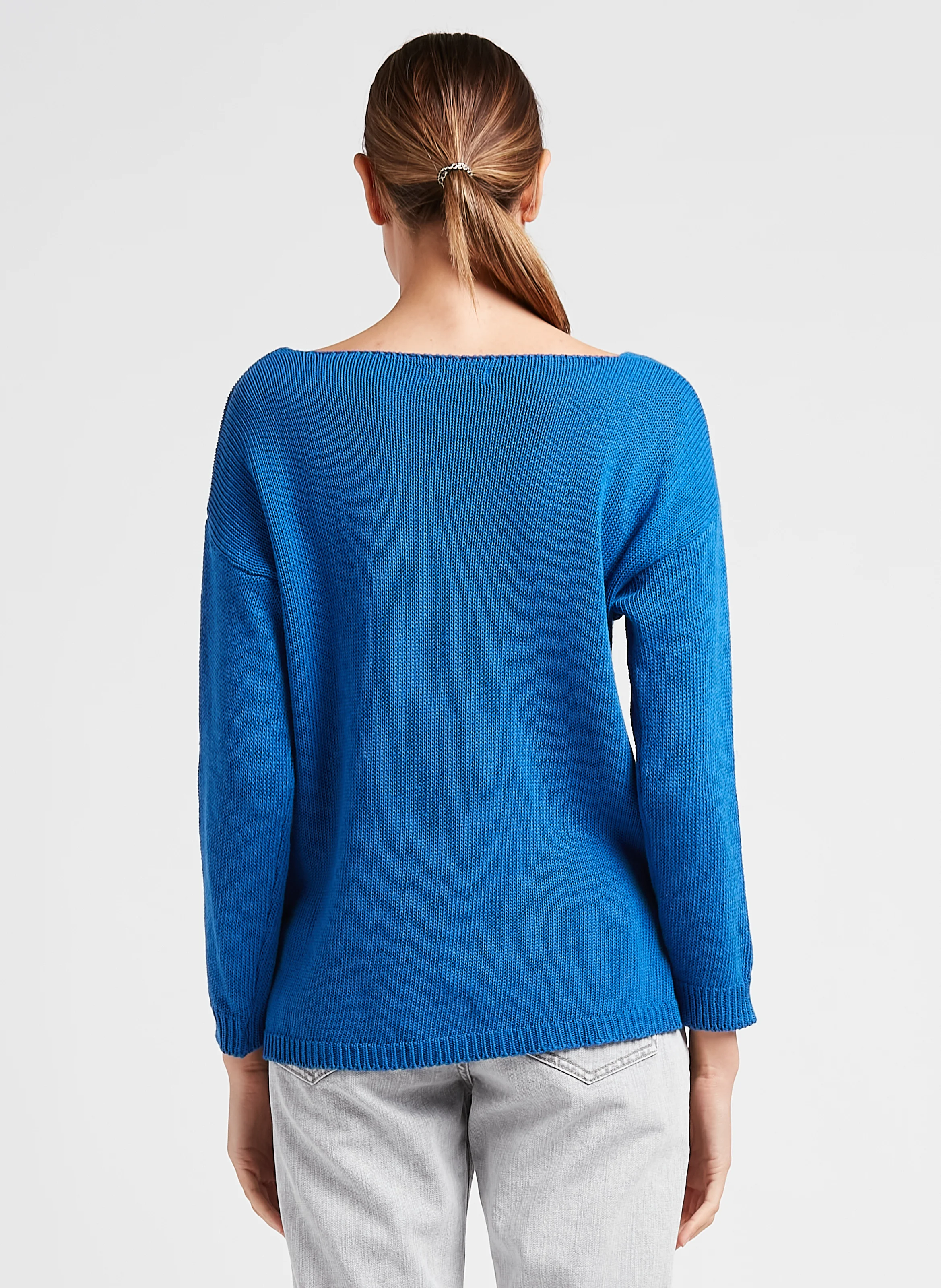 Pull en maille col V en coton mélangé| Bleu