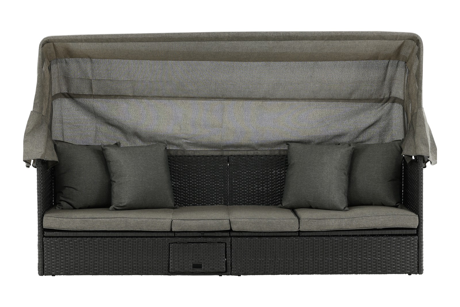 Nopy utesofa Utesofa med solseng funksjon. Sort plastrotting. Grått tak og grå puter.