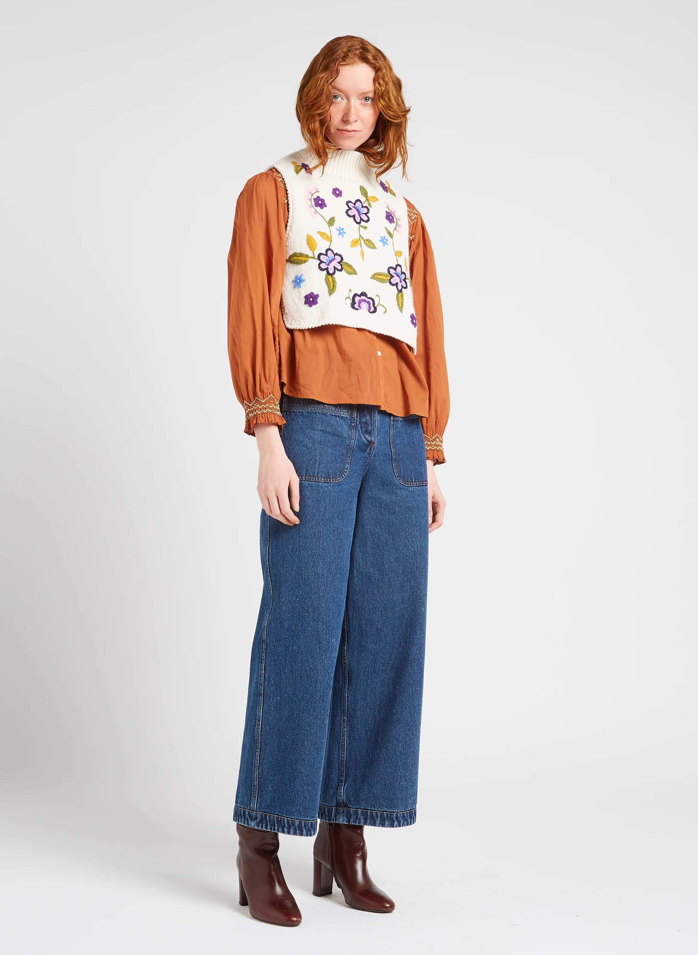 LOUISA - Blouse ample brodée en coton bio | Marron