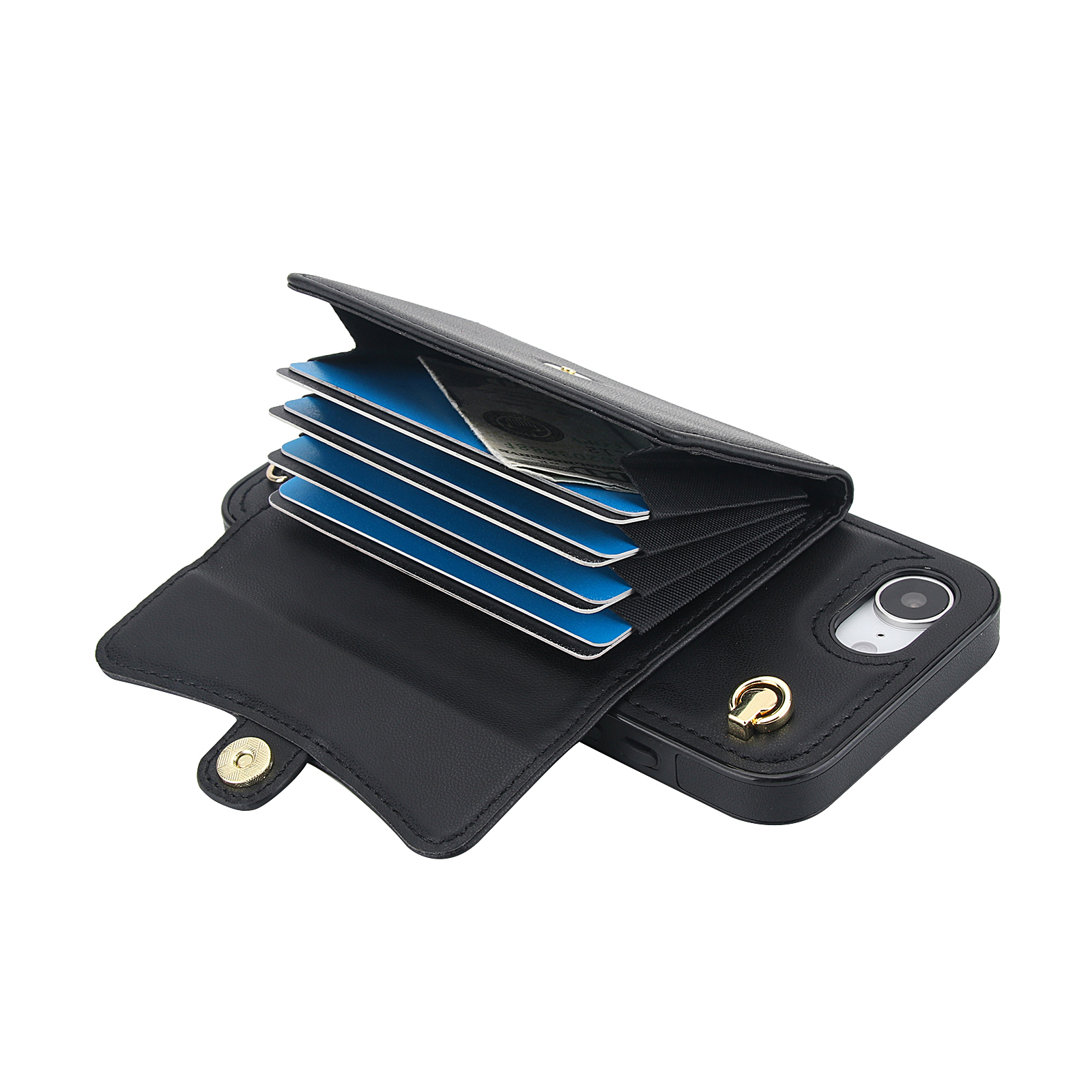 iPhone 16e Necklace Leder Schutz Hülle mit Kartenfach   Handykette (140cm) - Schwarz