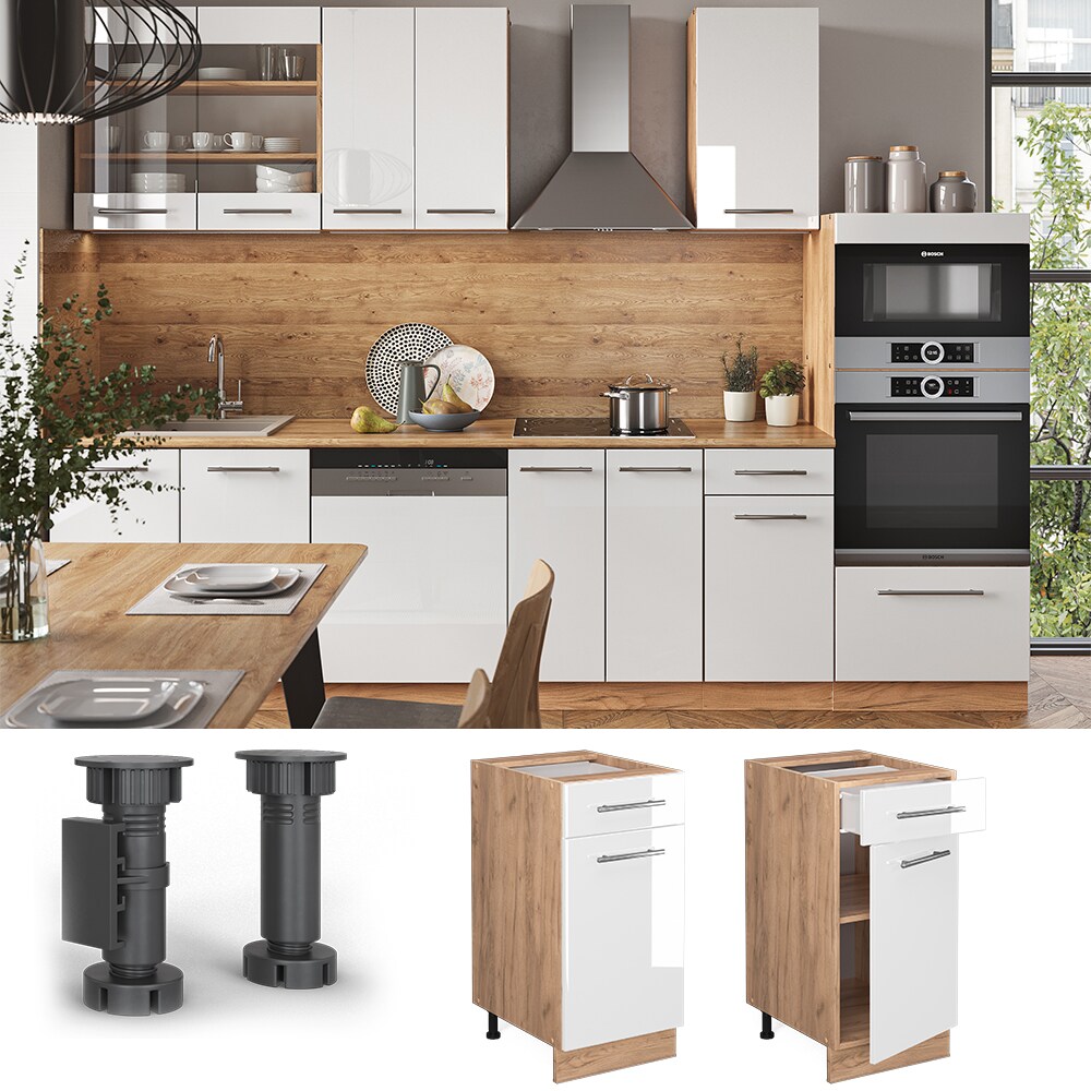 Vicco Schubunterschrank Küchenschrank Küchenmöbel Fame-Line Eiche Weiß modern 40 cm Küche Einbauküche Drehtür Schublade Einlegeboden Blende Küchenzeile Hochglanz