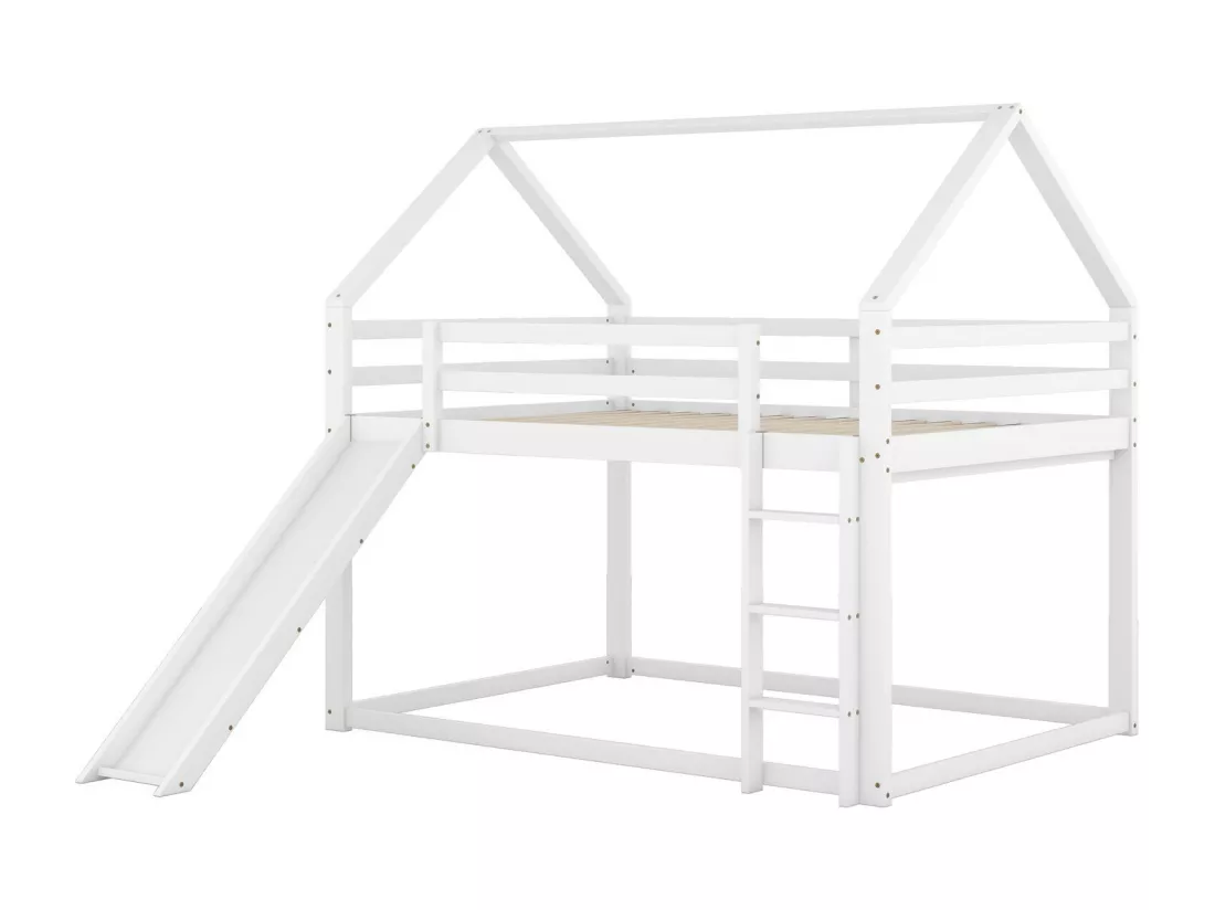 Lits superposés cabane 2 x 140 x 200 cm - escaliers et toboggan - Pin et MDF - Blanc