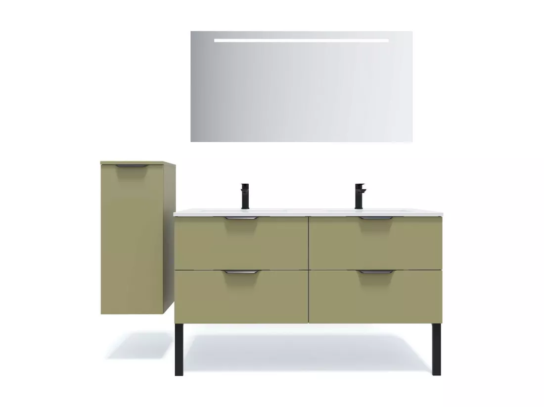 Meuble de salle de bain suspendu double vasque intégrée 140cm 4 tiroirs Vert olive - Soho