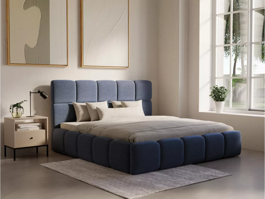 Lit coffre 180 x 200 cm - Tissu texturé - Bleu nuit - DAMADO de Pascal Morabito