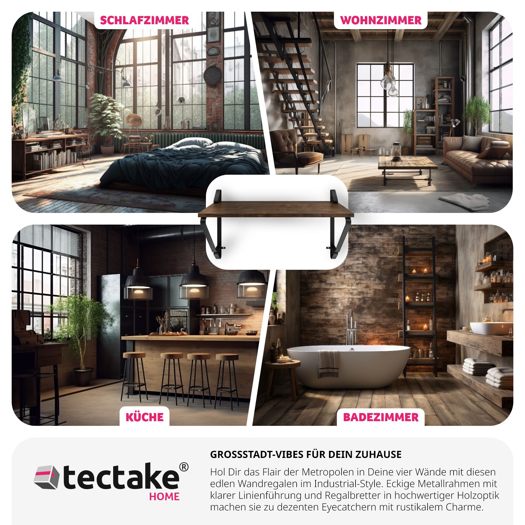tectake® 2er Set Wandregal, Industrial Style, Belastbarkeit je Regal 15 kg, 60 x 20 x 33,5 cm