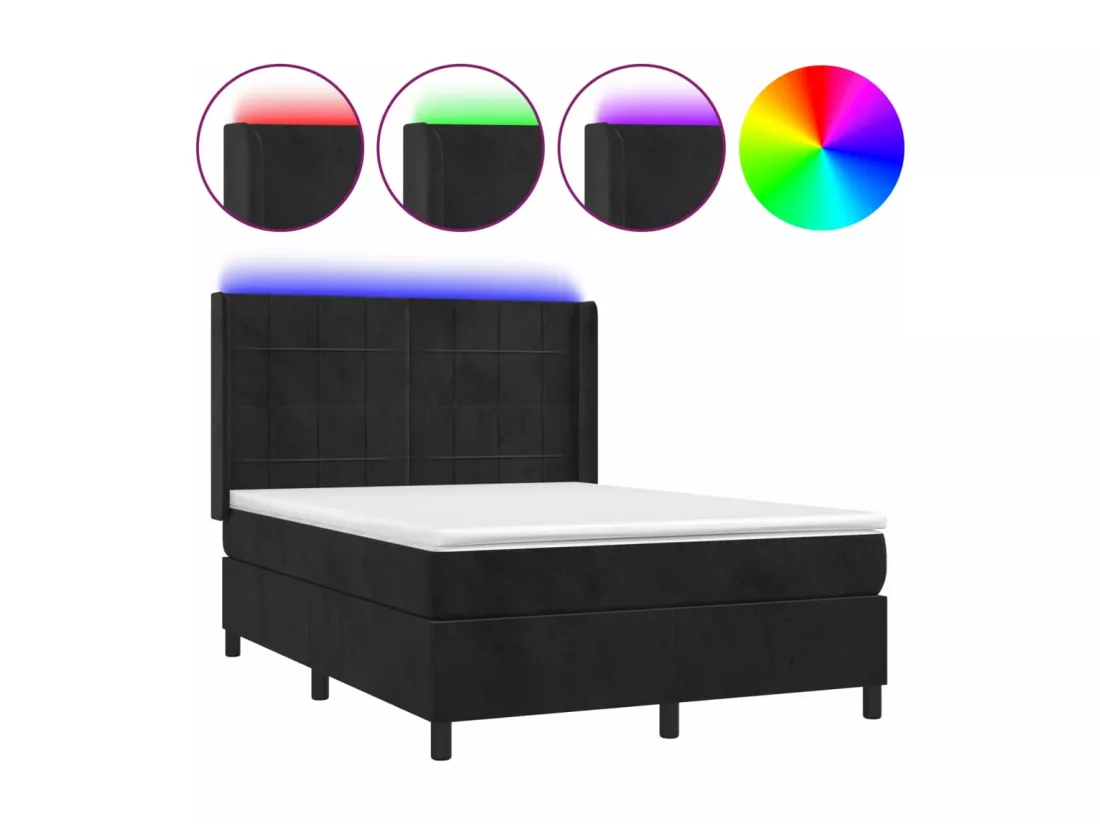 Sommier tapissier avec matelas et LED Noir 140x190 cm Velours