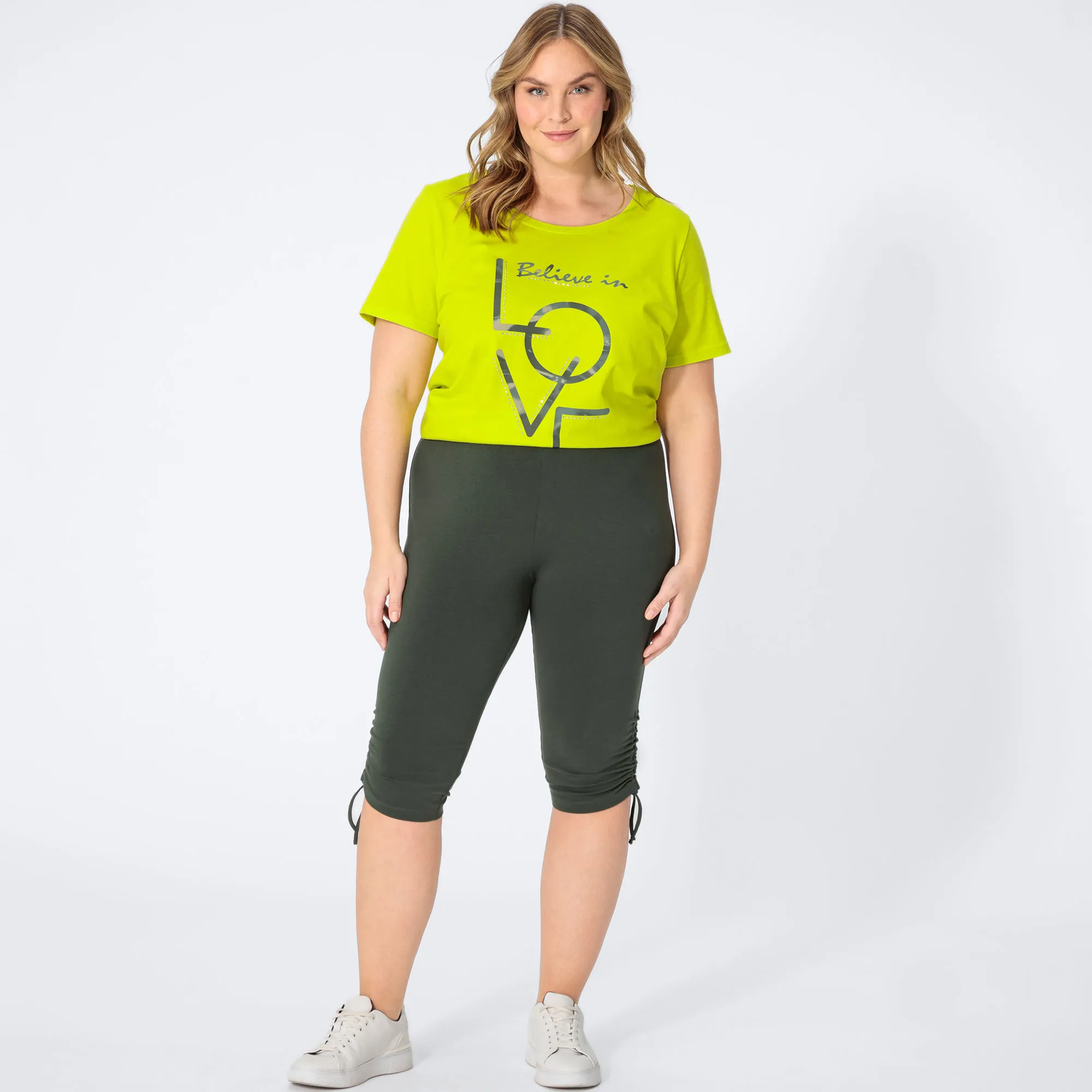 Damen-Caprileggings mit Raffung am Bein, große Größen